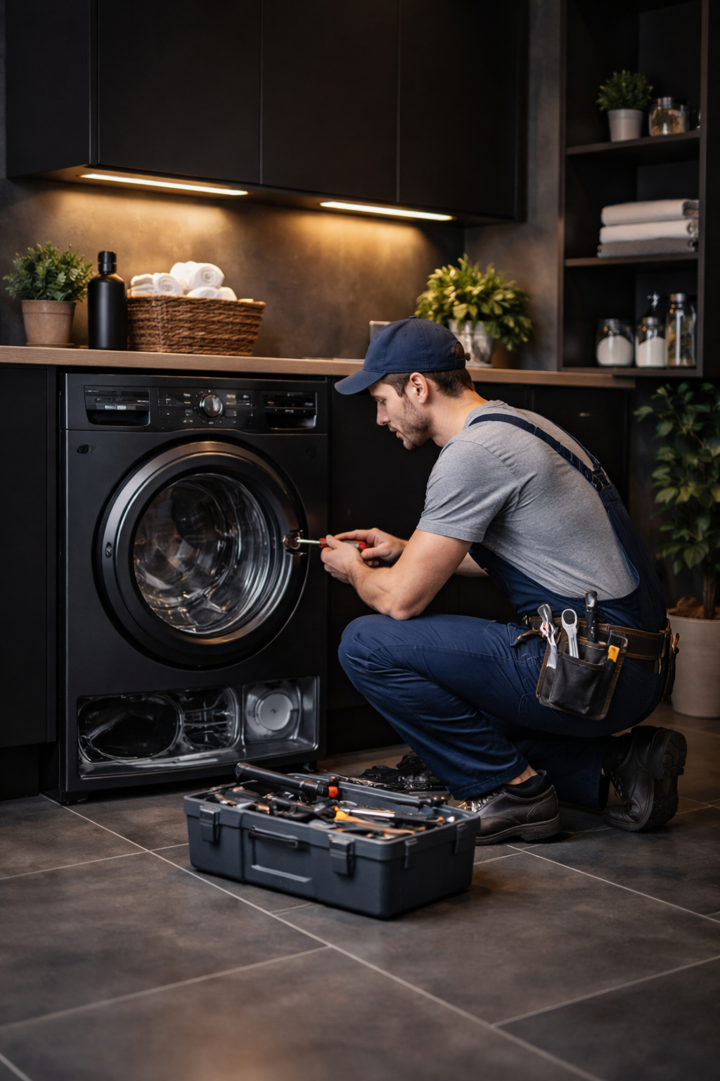 Technician working on a washing machine