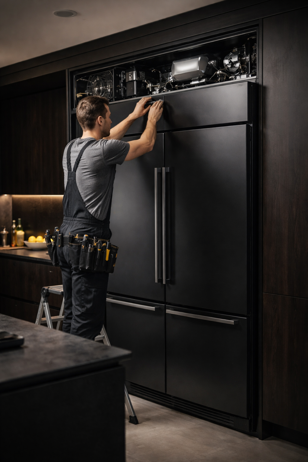 Worker repairing fridge in kitchen, closeup